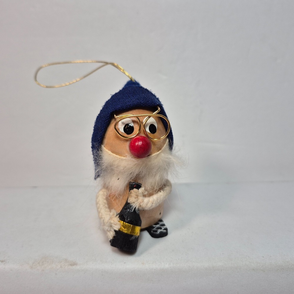 KURT S ADLER Vintage Wood Christmas Ornament Gnome Wine Bottle 2.5" Tall Japan